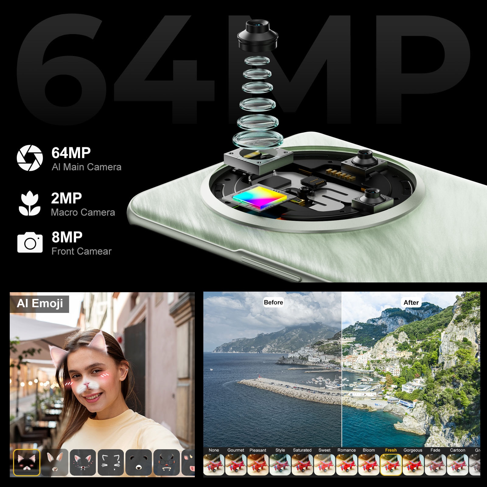 Telefon mobil FOSSiBOT S3 Pro, 6.67 inch Ecran curbat AMOLED si ecran secundar rotund de 1.09 inch, Baterie 5000mAh, 4G, Android 14, 20GB RAM(6GB+14GB extensibil RAM)+128GB ROM, Pentru camping, calatorii, Negru