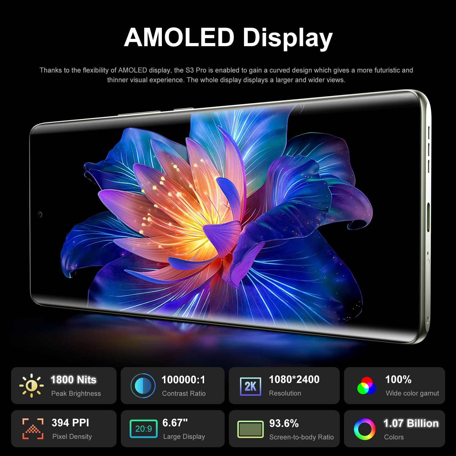 Telefon mobil FOSSiBOT S3 Pro, 6.67 inch Ecran curbat AMOLED si ecran secundar rotund de 1.09 inch, Baterie 5000mAh, 4G, Android 14, 20GB RAM(6GB+14GB extensibil RAM)+128GB ROM, Pentru camping, calatorii, Negru