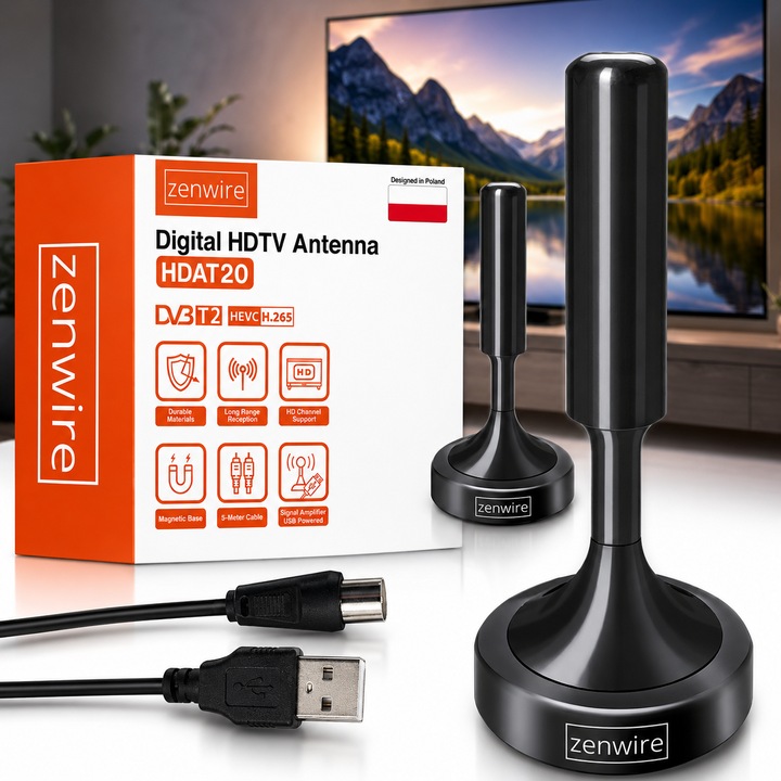 Antena TV de interior DVB-T2 HEVC H.265, pentru televiziune terestra digitala, cablu 5 m, receptie Full HD/4K, compatibila TV si tuner, montaj usor, negru, Zenwire HDAT20