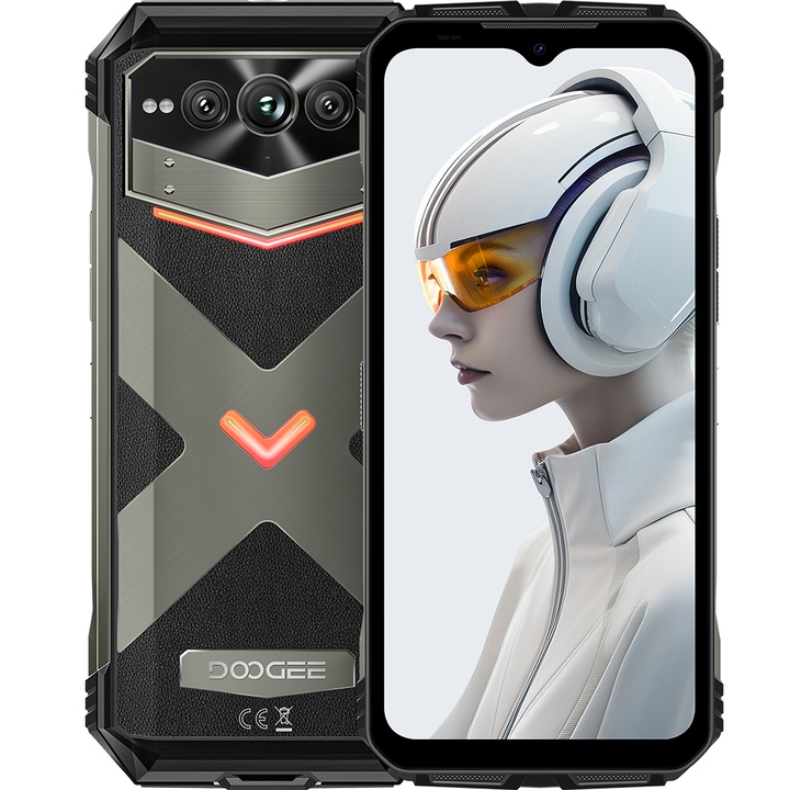 Мобилен телефон Doogee V Max Plus, 5G, Dual SIM, 6.58-инчов 120Hz, Octa-Core Dimensity 7050, 36GB RAM, 512GB, двойни високоговорители, батерия 22000mAh, RGB светлина, NFC, IP68/IP69K, Android 14, сив