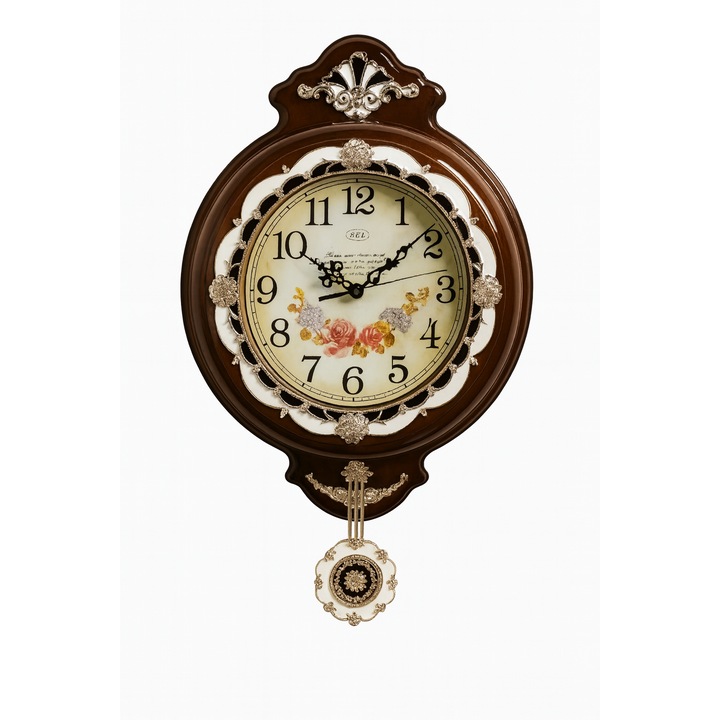 Ceas de perete vintage Bla Bla Foam, design floral, maro, 45x30cm, mecanism silentios