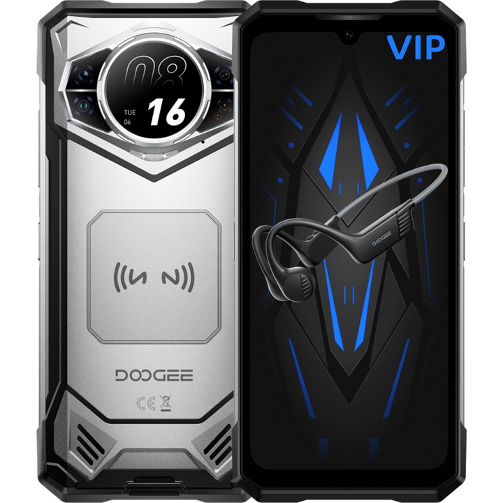 Мобилен телефон Doogee S200 VIP пакет (включва слушалки BoneBeat Run), 5G, Dual SIM, Octa-Core Dimensity 7050, Двоен дисплей 6.58' 120Hz IPS + 1.32' AMOLED, 48GB RAM, 256GB, Стерео, 10100mAh, NFC, IP68/IP69K, Android 16, Сребрист