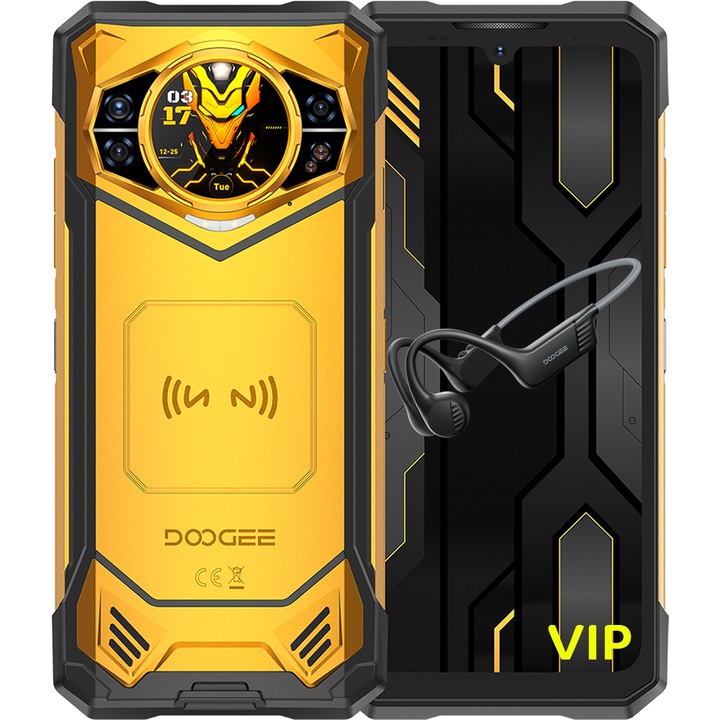 Мобилен телефон Doogee S200X VIP пакет (включва слушалки BoneBeat Run), 5G, Dual SIM, Octa-Core Dimensity 7050, Двоен дисплей 6.72' 120Hz IPS + 1.32' AMOLED, 48GB RAM, 512GB, Стерео, 10100mAh, NFC, IP68/IP69K, Android 16, Жълт