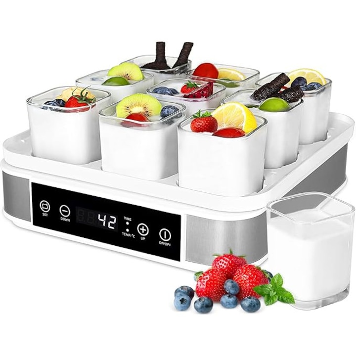 Aparat de facut iaurt, automat si digital, aparat pentru iaurt grecesc cu reglare a temperaturii si timer, cu 9 cupe de iaurt de 170 ml, perfect pentru iaurt organic preparat acasa, fara BPA, 40 W, gri