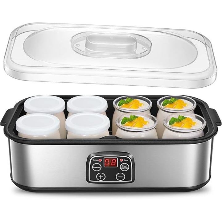 Aparat electric de facut iaurt Dreamhigh, 8 borcane sticla 180 ml, afisaj LCD, timer, control temperatura 20–55°C, gri