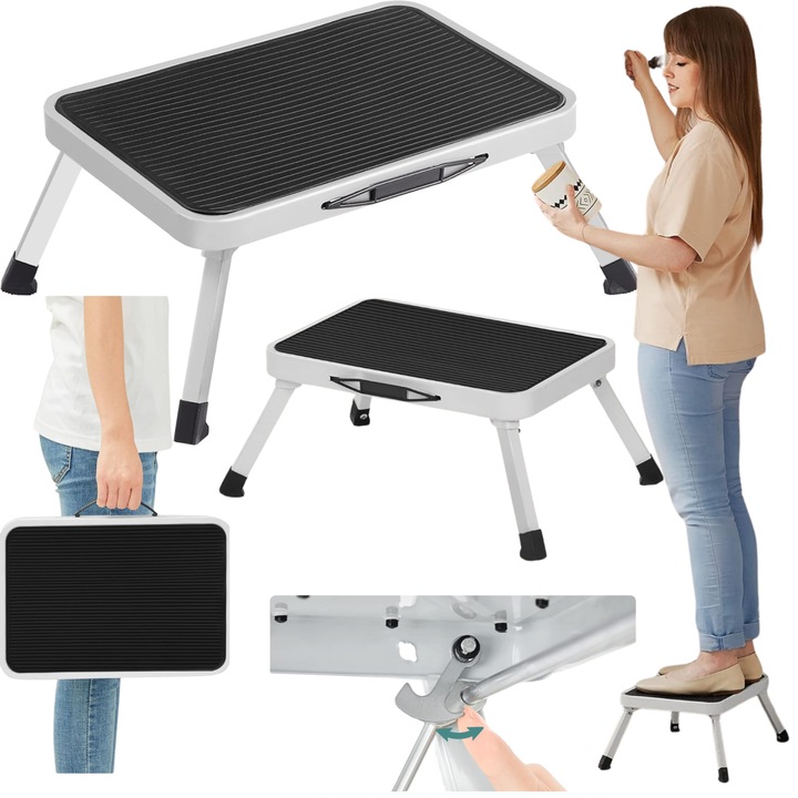 Scara de lucru pliabila, Songmics, antiderapanta, neagra si alba, 150 kg, 38x26x17,5cm