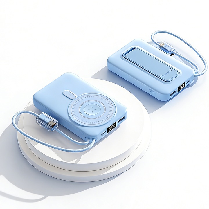 Mágneses külső akkumulátor 10.000 mAh, vezeték nélküli 15W, PD 20W, USB-C, kompatibilis fejhallgatóval/Apple Watch-csal, Apple & Android, kék