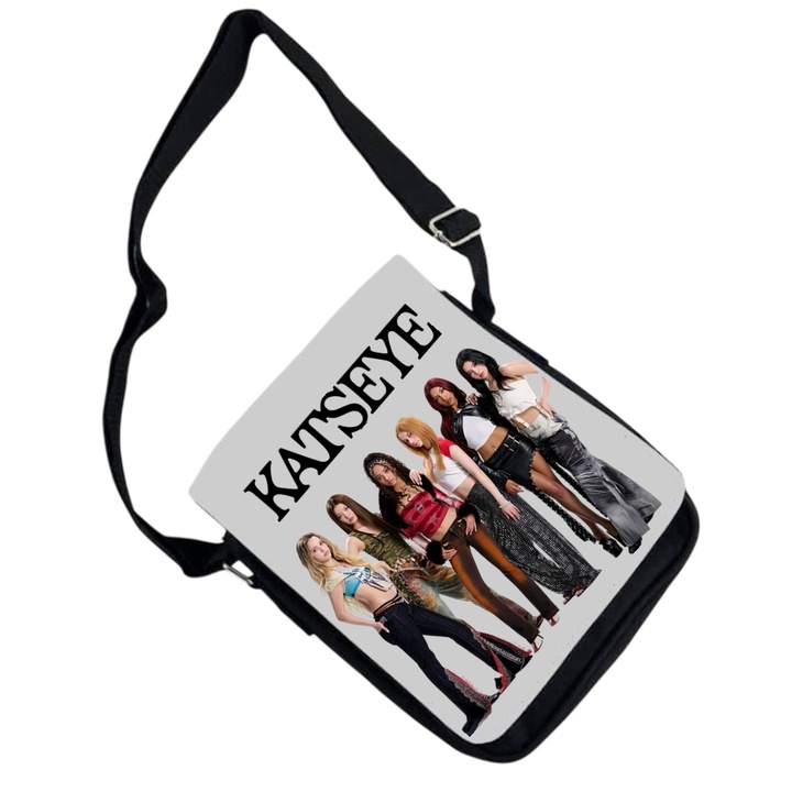 Geanta personalizata katseye trupa de fete globala, negru, 18x20x6 cm