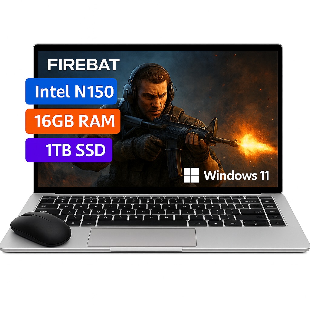 Laptop Gaming 15.6" FireBat Intel Celeron N150, 16GB RAM DDR4, 1TB SSD, 1920*1080 IPS, Tastatura iluminata, Windows 11, Intel® UHD Graphics, 5000mAh, Argintiu
