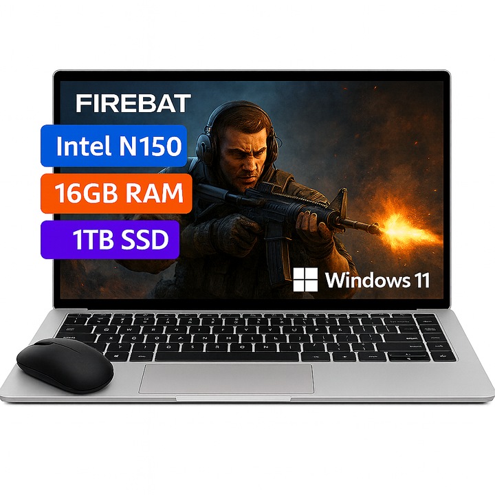 Laptop Gaming 15.6" FireBat Intel Celeron N150, 16GB RAM DDR4, 1TB SSD, 1920*1080 IPS, Tastatura iluminata, Windows 11, Intel® UHD Graphics, 5000mAh, Argintiu