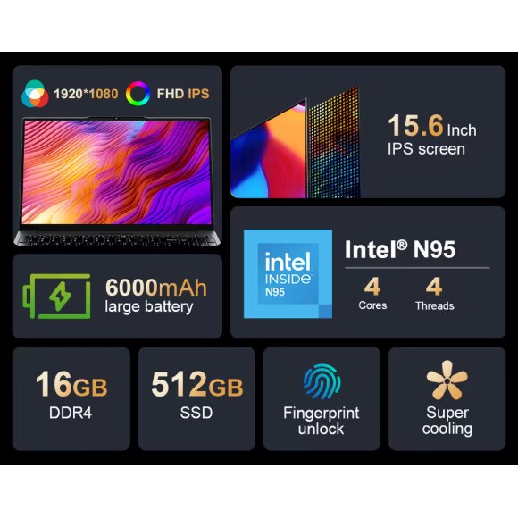 Laptop Gaming 15.6" Ninkear N15 Air Intel Celeron N95 3.4Ghz, 16GB RAM DDR4, 512GB SSD, 1920*1080 IPS, FingerPrint, SuperCooling, Windows 11 Pro, Intel® UHD Graphics, 6000mAh, Argintiu