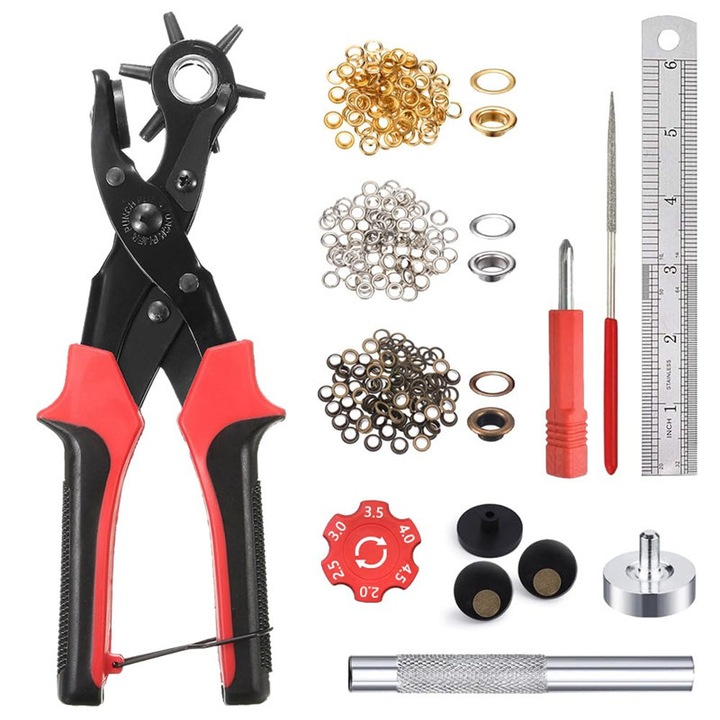 Set perforator pentru curea, 6 dimensiuni, 1 surubelnita, 1 rigla, 1 bara de carborundum, 1 manual utilizare, multicolor