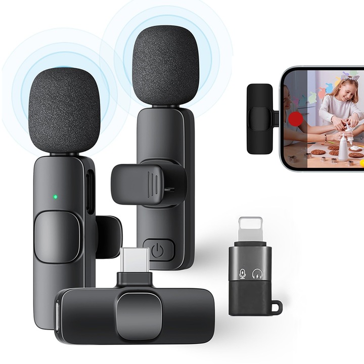 Microfon wireless lavaliera, 2 transmitatoare + 1 receptor, reducere zgomot, compatibil Android Type-C si iPhone
