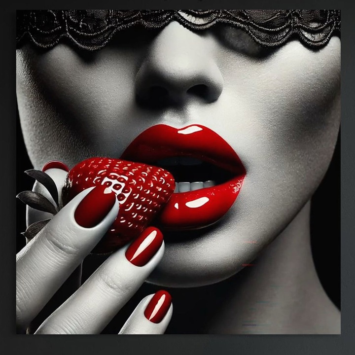 Tablou Canvas Premium, LuxCanva® P1051, Gustul Pacatului, 100 X 100 CM, Panza Bumbac 100% 400g/m2, Sasiu, Lemn, Tentatie, Rosu, Capsuna, Gust, Interzis, Dulce, Dantela, Sarut, Alb, Negru, Tentant, Dramatic, Mister, Living, Dormitor