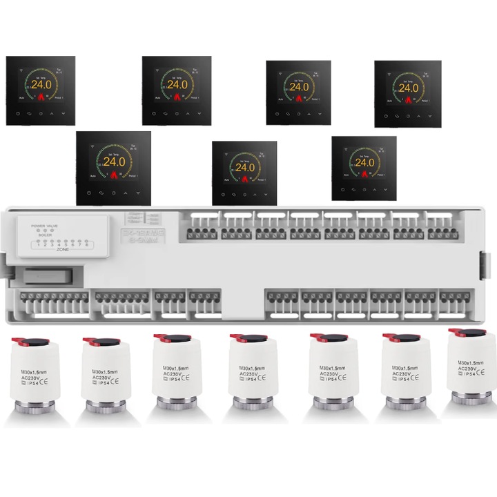 Sistem automatizare incalzire in pardoseala OCVITEH, centru de comanda cu 7 termostate inteligente cu fir, 7 actuatoare electrice, control Internet, 8 zone