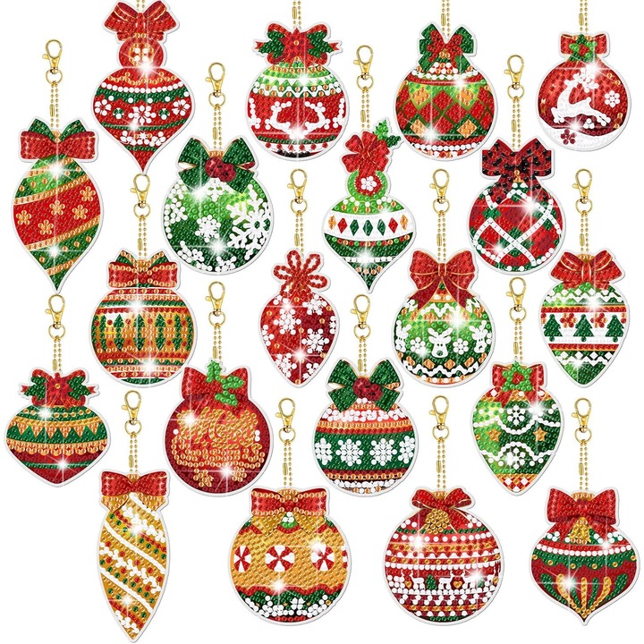 Broderie cu diamante 20 Globuri si Decoratiuni de Craciun, cu accesorii pentru agatare, pentru Bradul de Craciun sau Decor, Multicolor