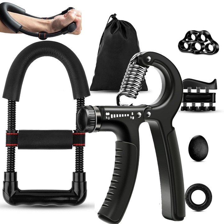 Set 6 flexoare antrenament maini, asskanaer, Antrenor de forta ajustabil cu exercitii antebrat, Minge antistres, Inel, Extensii, Degete si palma, Dificultate reglabila 5-60 kg, Pentru Recuperare Degete si Palma, PP/ABS, Negru