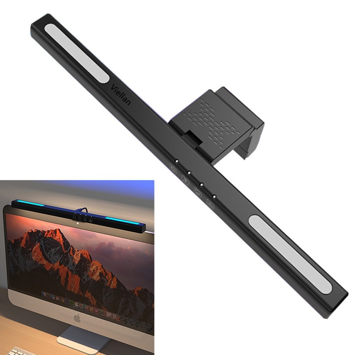 Лампа за монитор VIELLAN, 40см, 2 лампи, Защита за очите, топла, студена, неутрална светлина, RGB задно осветление, димер, тъч контрол, Черна