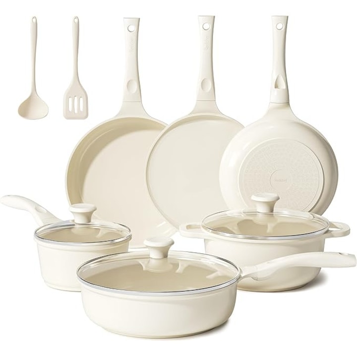 Redchef Set vase de gatit ceramica pentru inductie, 11 piese, capace sticla, fara PTFE/PFAS, compatibil toate tipurile de plite, lavabil in masina de spalat, Bej