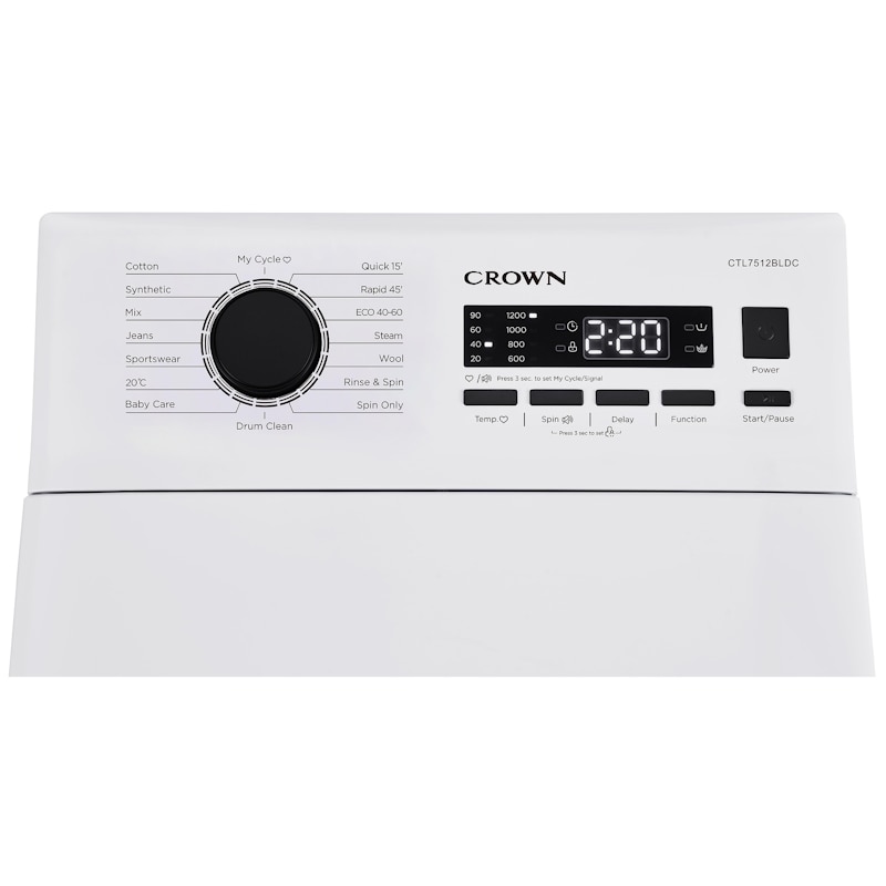Masina de spalat Crown CTL7512BLDC, 7.5 kg, Incarcare verticala, 1200rpm, Inverter BLDC motor, Clasa A, Steam, Alb