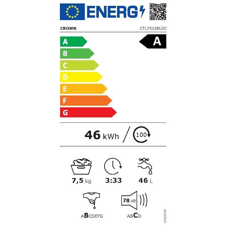 Masina de spalat Crown CTL7512BLDC, 7.5 kg, Incarcare verticala, 1200rpm, Inverter BLDC motor, Clasa A, Steam, Alb