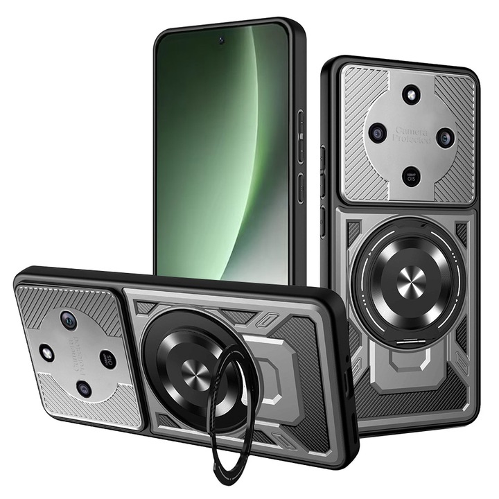 Husa TitanFlex Ring pentru Honor Magic8 Lite, Protectie Maxima, Rugged Structure, Inel Magnetic Kickstand, Gri