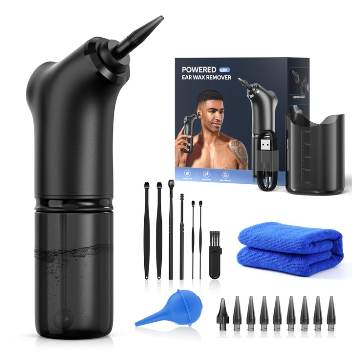 Irigator auricular electric, aparat portabil pentru curatat urechile, set curatare urechi, indeparteaza eficient ceara din ureche, 4 moduri de curatare, rezistent la apa, acumulator incarcare USB, capacitate 250 ml, pentru adulti si copii, negru