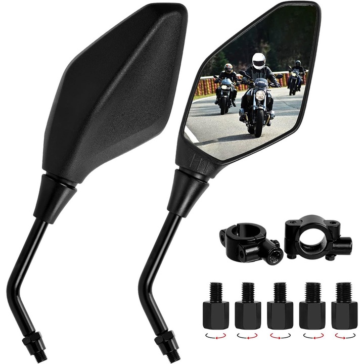 Set oglinzi pentru motocicleta, YOUKUKE®, cu 2 rame, 3 suruburi M8, 2 suruburi M10, maner Aliaj de aluminiu, oglinda convexa HD, unghi reglabil, negru