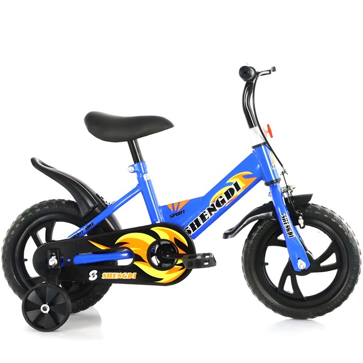 Bicicleta copii SoSar® 12 inch cu roti ajutatoare frana V Brake sezut reglabil cadru metal, baieti si fete 2–6 ani, albastru