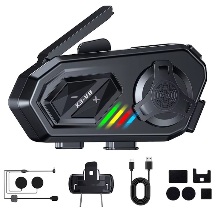 Система за комуникация Интерком Мото Element-x ®, Bluetooth Dual 5.1+5.4, 8 ездачи, Обхват 1500 м, IPX6 Водоустойчив, Споделяне на музика, FM радио, Намаляване на шума, Автономност 25 часа, Съвместим с мото каска, ски, Черен