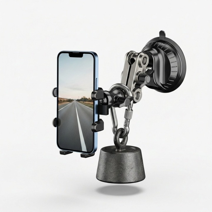 Suport auto premium pentru telefon, cu design industrial modern, compatibil cu telefoane. Baza cu ventuza puternica si articulatia sferica rotativa la 360°