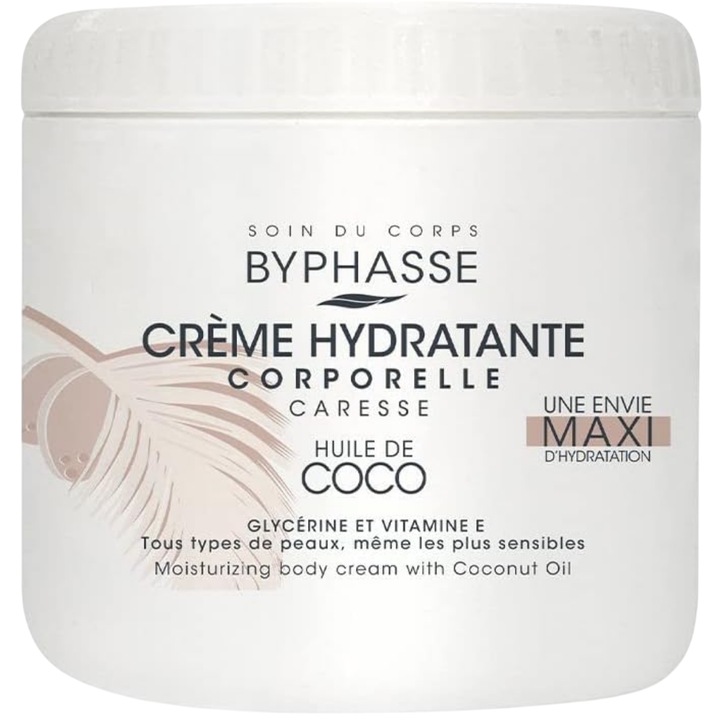 Testápoló krém, Byphasse, Kókuszolajjal, Glicerinnel és E-vitaminnal, Intenzív és Tartós Hidratálást biztosít, Minden Bőrtípusra, 500ml