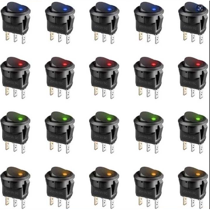 20 x Comutator basculant rotund 12 V Comutator auto 12 V Iluminat DC 12 V 20 A LED Comutator basculant auto Comutator pornit/oprit auto cu 3 pini si 4 culori LED