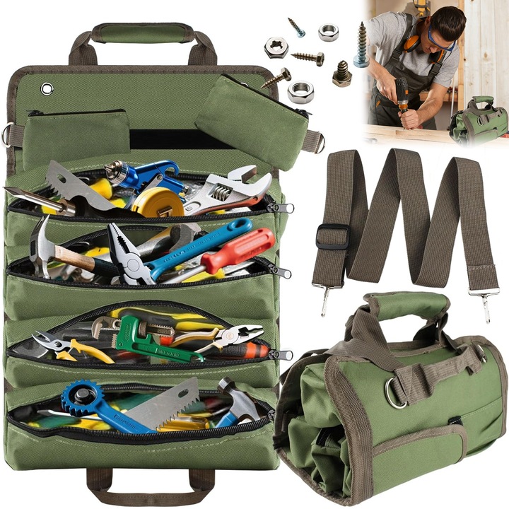 Geanta de scule rulabila, Wacorresi, Geanta pentru scule,1200D Oxford, 4 compartimente, cu 2 pungi detasabile, epozitare convenabila pentru unelte manuale si accesorii, colapsabil pentru, pungi detasabile cu fermoar, Potrivit pentru cadouri de sarbatori