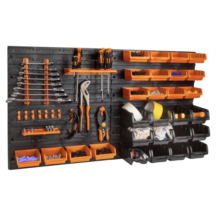 Dali fali rendszerező, 4 panel, 28 doboz, ABS+TPR, fekete, 47x27cm