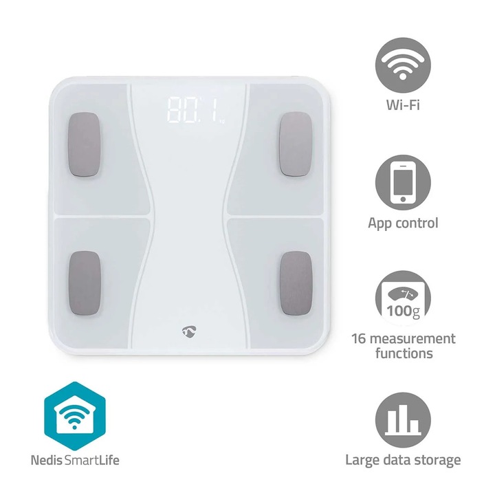 Смарт кантар SmartLife, Bluetooth®, ИТМ / БМР / Кости / Мазнини / Мускули / Вода / Тегло, 12, Максимално натоварване: 180 кг, Android™ / IOS, ABS/Стъкло, Бял
