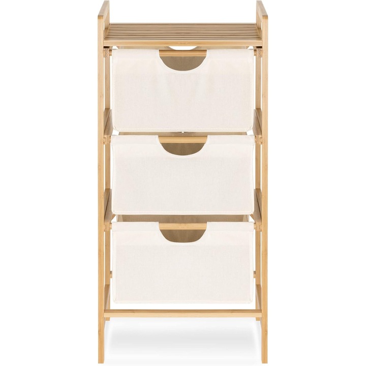 Raft pentru baie Navaris, 96 x 44 x 33 cm, organizator cu 3 sertare din material textil, cadru din bambus si raft superior, Bej
