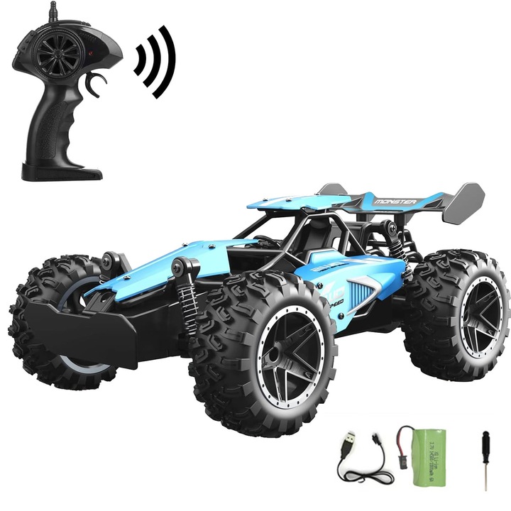 RC kisautó gyerekeknek, asskanaer, Távirányítós autó, 15km/h, 2.4 G/Hz, 1:18 méretarány, 25 perc üzemidő, 2 WD, Rádióvezérelt, Újratölthető akkumulátor, Játék 6-14 éves gyerekeknek, Műanyag, 23*14.5*11 cm, Kék