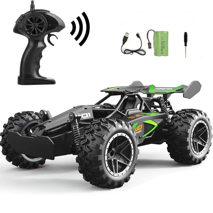 RC kisautó gyerekeknek, asskanaer, Távirányítós autó, 15km/h, 2.4 G/Hz, 1:18 méretarány, 25 perc üzemidő, 2 WD, Rádióvezérelt, Újratölthető akkumulátor, Játék 6-14 éves gyerekeknek, Műanyag, 23*14.5*11 cm, Zöld