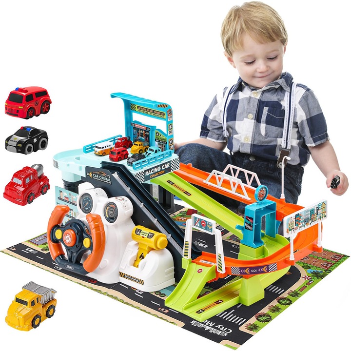 Set de Joaca Pista si Parcare Interactiva DIY 2 in 1, cu Volan si Maneta de Viteza, MorFansi®, 4 Masini, Lumini si Sunete, Electric Sau Manual, Educativ si Distractiv, STEM, 50 x 32 x 23 CM, 3 ani+, Oras, Multicolor