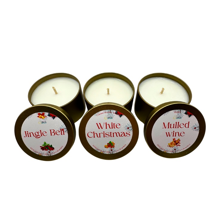 Set promotional, 3 Lumanari parfumate din ceara de soia, Solara Candles, Arome de Craciun, efect marmura, 100g, ardere 25 h