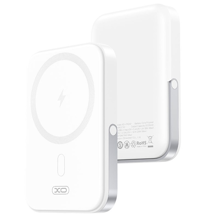 Baterie externa cu incarcare wireless XO PR242, 15W+PD20W, Magnetica, Suport Stand, 5000mAh, Incarcare rapida, Alb