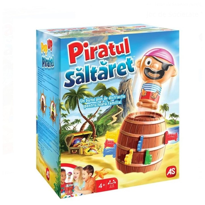 Настолна игра Скачащият пират, АС, комплект с 1 буре, 1 фигурка пират, 24 цветни саби, 2-4 играчи