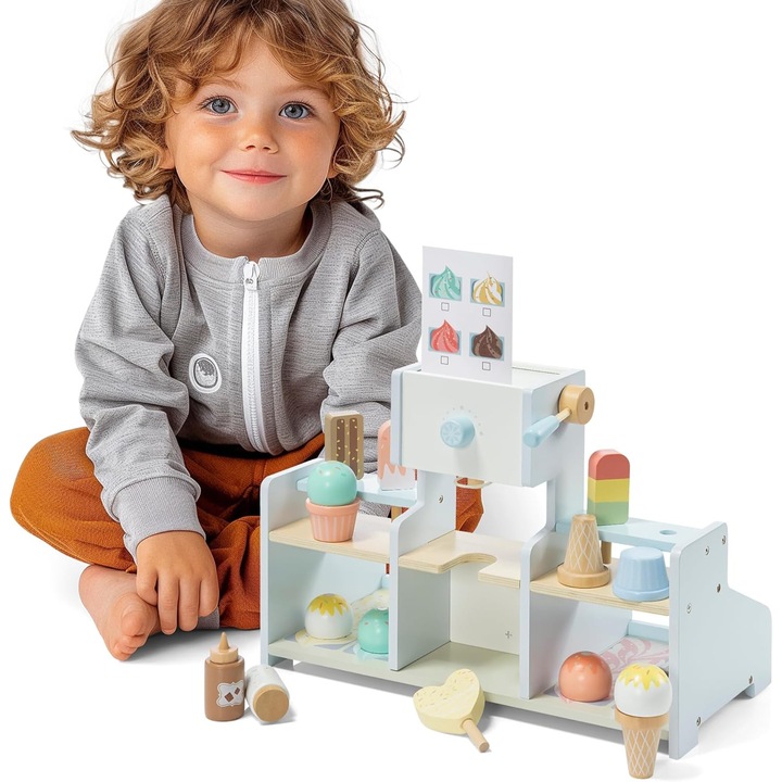 Set joc de rol cu stand de inghetata Navaris, 41.8 x 21.2 x 28 cm, din MDF, cu accesorii, pentru copii de 3 ani+, Multicolor