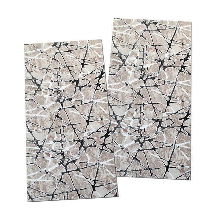 Set 2 Covoare Antiderapante Bej cu Negru, 60x120cm, Poliester, Grosime 8mm