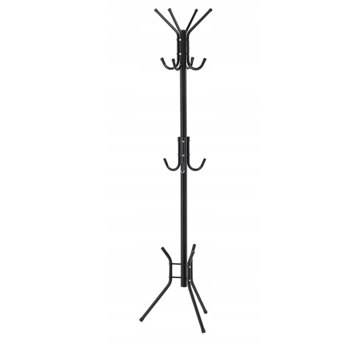 Fém előszobafogass 178 cm, 12 kampó, stabil hármas alap, minimalista design, fekete