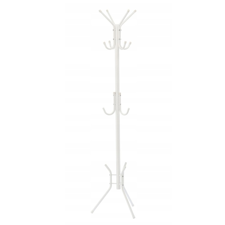 Fém előszobai fogas 178 cm, 12 kampó, stabil hármas alap, minimalista design, fehér