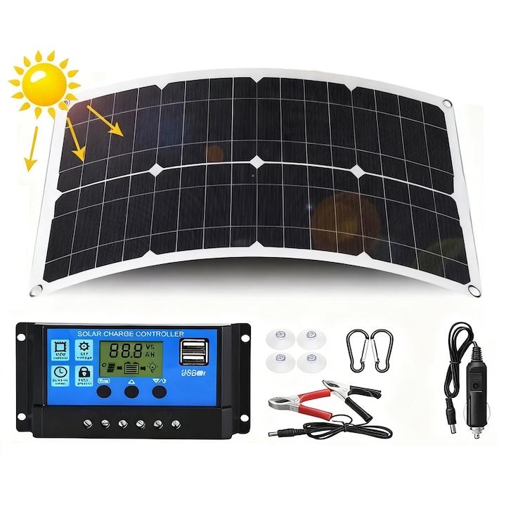 Kit panou solar, incarcator solar portabil YOUKUKE®, 300W, cu controler 60A, 2 USB, centrala solara pentru marin, masina, rulota, camping, barca, auto