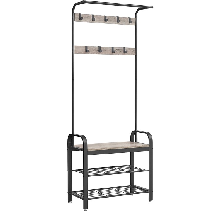 Cuier pentru haine cu banca de depozitare pantofi, cu 9 carlige si sina pentru haine, 34x72x183 cm, gri si negru