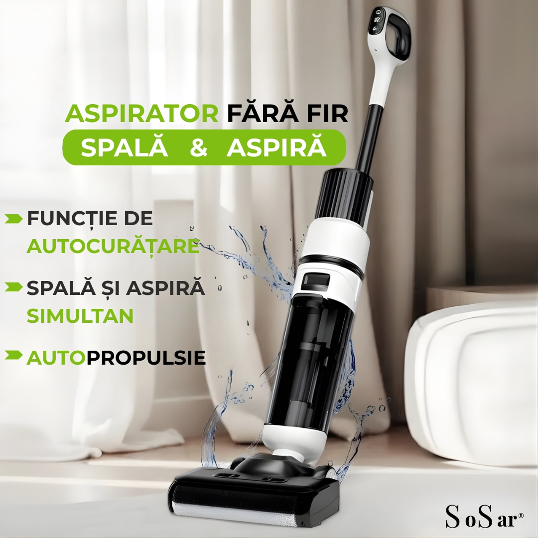 Aspirator Vertical SoSar PRO cu Spalare, Power 12000Pa, Autonomie 60 minute, Ecran LED, 2 Rezervoare